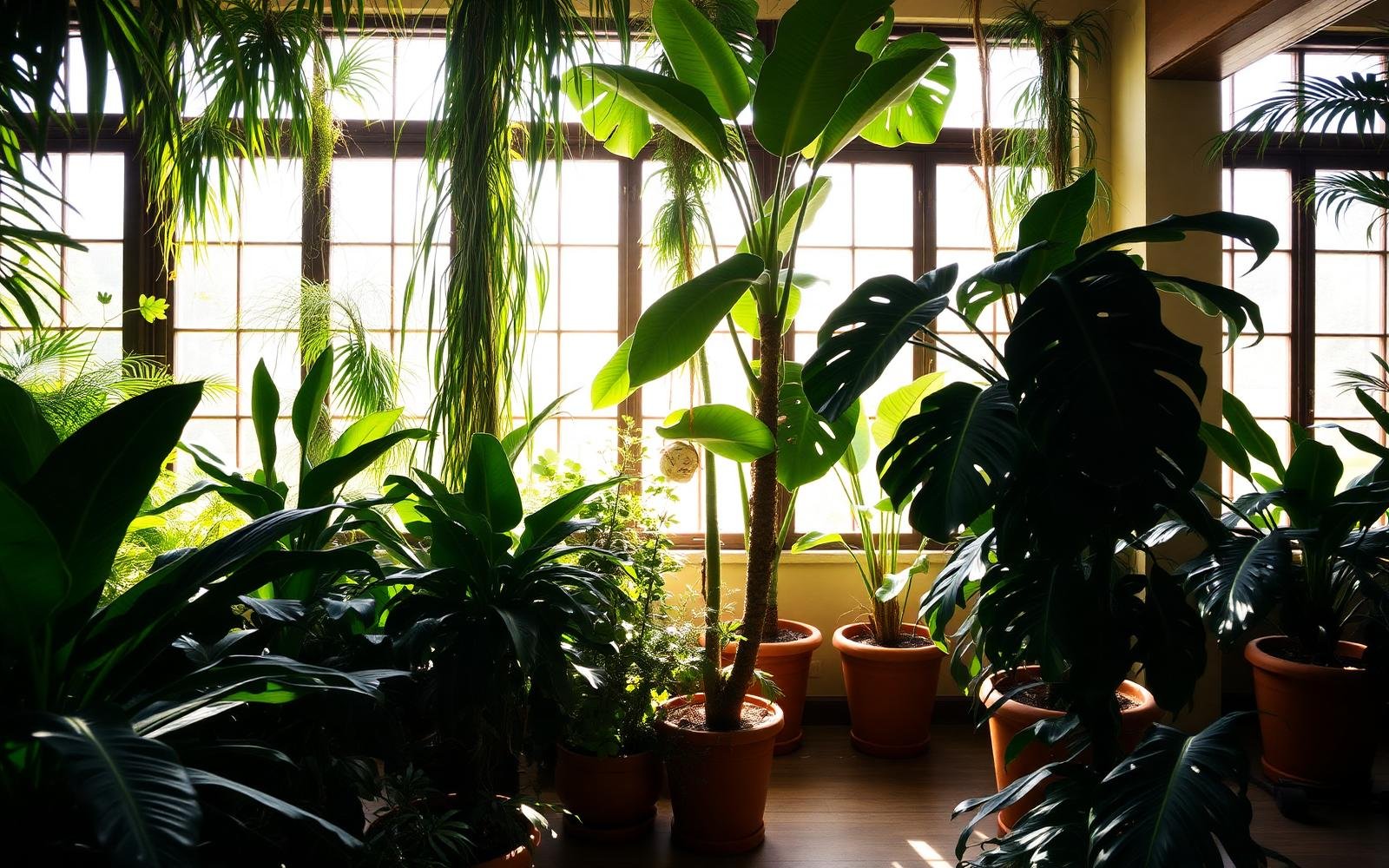 Sunlit interior filled with tall potted monstera and palm plants